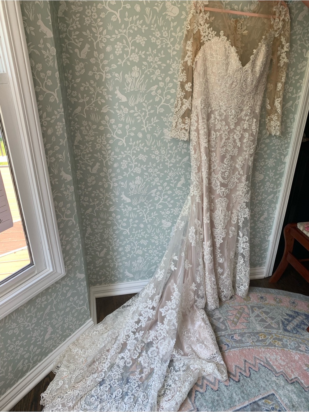 David Tutera Elegant Lace Long-Sleeve Bridal Gown in Ivory and Blush Used